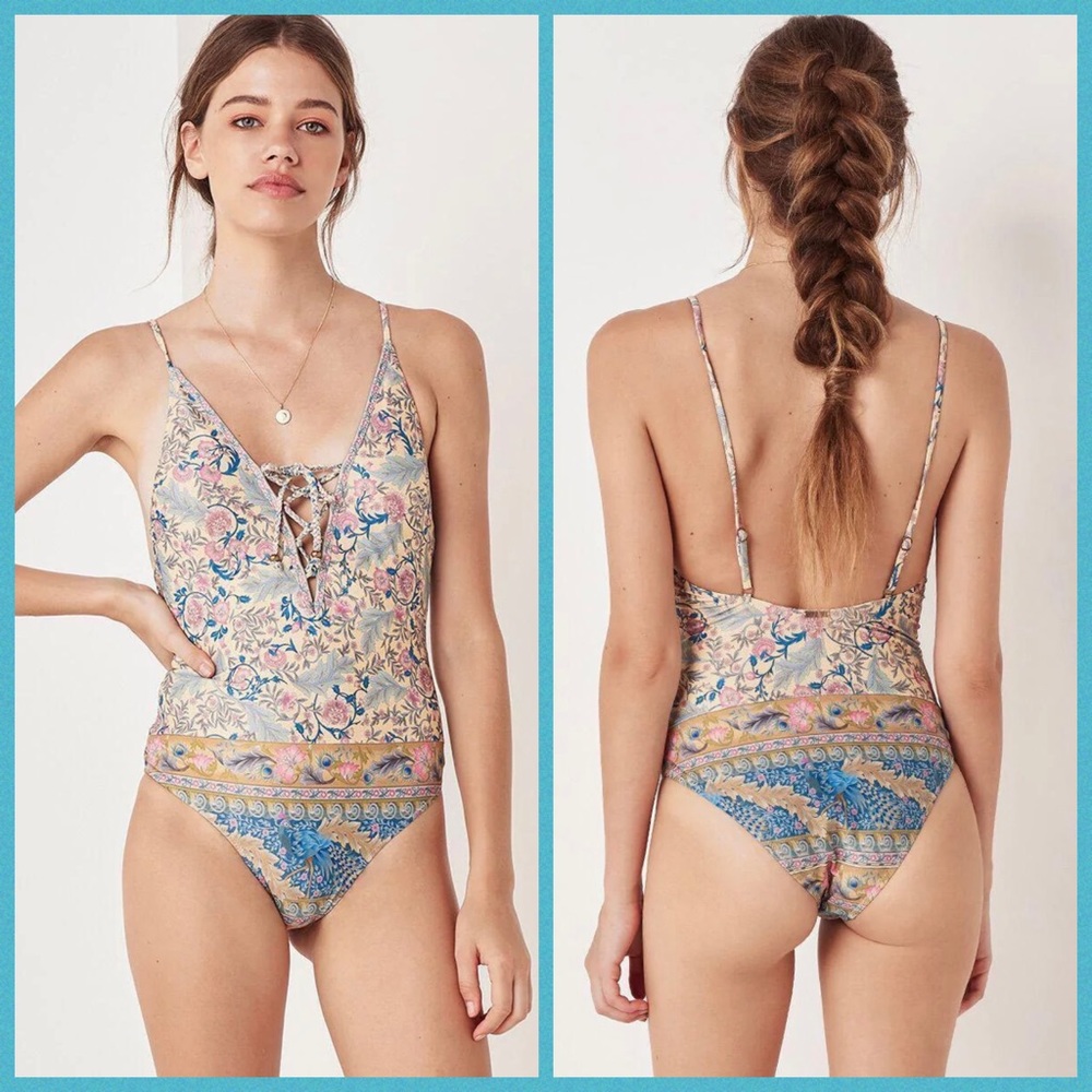 EUC Spell & The Gypsy Collective Opal Oasis Lace Up One Piece Swimsuit